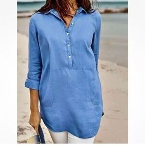 NWT J Jill Love Linen Tab-Sleeve 100% Linen Tunic Top W/ Pockets Blue Ginger PS